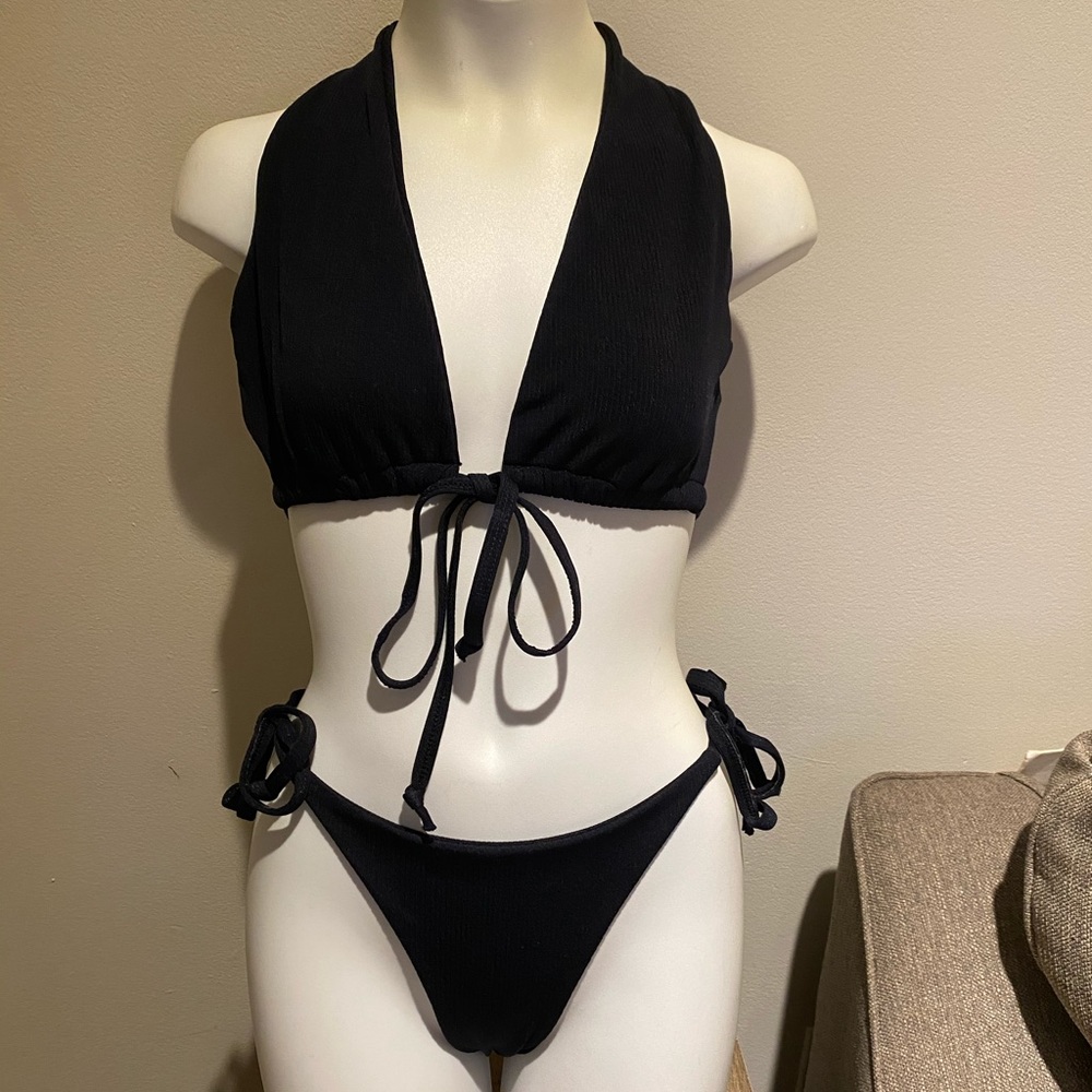 (S) Navy Ribbed Bikini Set Blue Swimsuit Two Piece Small Tanning Vacation Swim